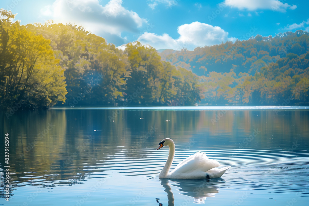 Fototapeta premium Swan Gliding Across a Peaceful Lake in the Warm Sunlight, Capturing Elegance and Serenity