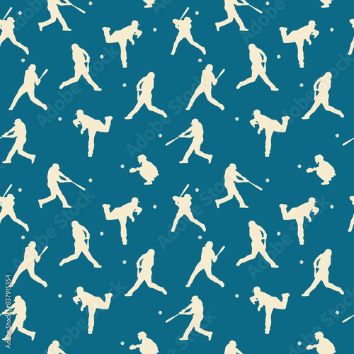Baseball seamless pattern in retro white blue, red colors. Baseball background, wallpaper, backdrop, fabric, textile, digital paper, wrapping, packaging