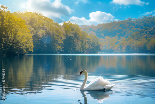 Swan Gliding Across a Peaceful Lake in the Warm Sunlight  Capturing Elegance and Serenity