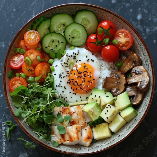 Elegant bowl of healthy food with sunny side up egg
