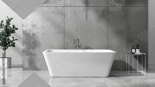 Modern bathroom with bathtub and grey wall tiles. Minimalist interior design of modern home bathroom  front view. White double sunken tub in the center.