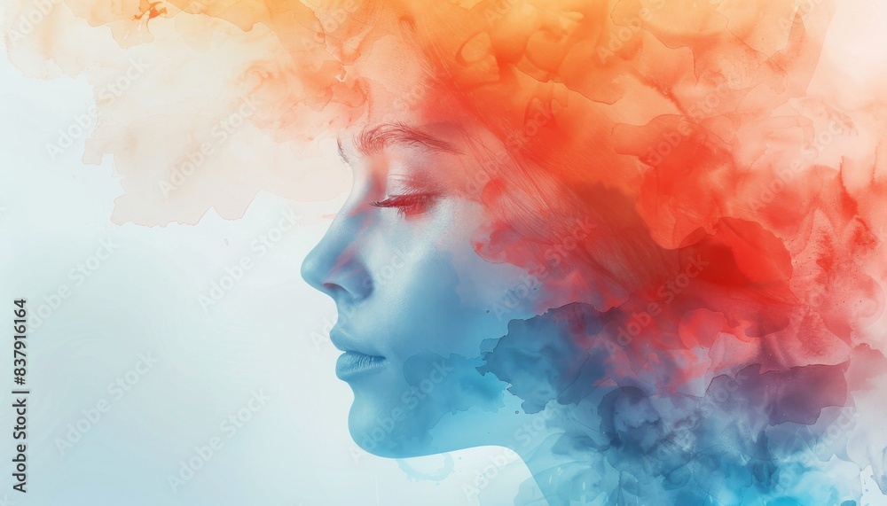 The image shows a woman's face with a colorful gradient of blue and red smoke flowing around her head. The image shows a woman's face with a colorful gradient of blue and red smoke flowing around her head.