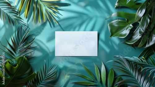 Top view template for business card  mockup white card on turquoise table with palm leaves. Generative AI.