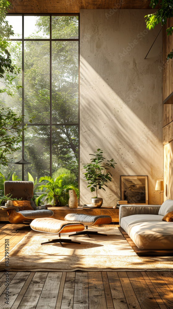Fototapeta premium Sunlit Modern Living Room with Cozy Furniture and Greenery, Featuring Large Windows and Natural Light for a Relaxing Atmosphere