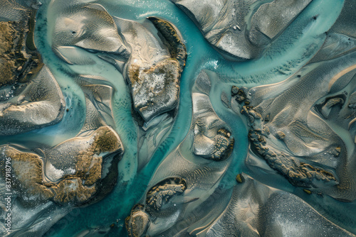 Aerial view of a river delta, capturing the intricate, abstract patterns formed by the waterways. Emphasize the natural lines and the interplay of light and shadow.