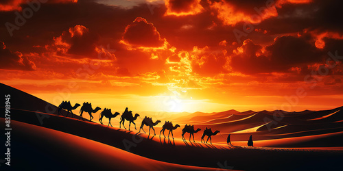 the silhouette of a camel caravan walking in the desert at sunset