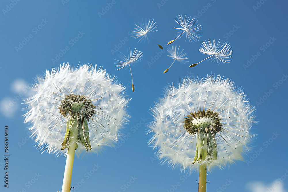 Fototapeta premium Resilient Dandelions: Seeds of Hope Dancing in the Wind Under Blue Sky