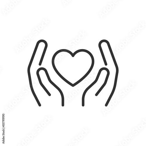Hands holding the heart, linear icon. Preserving and protecting. Line with editable stroke