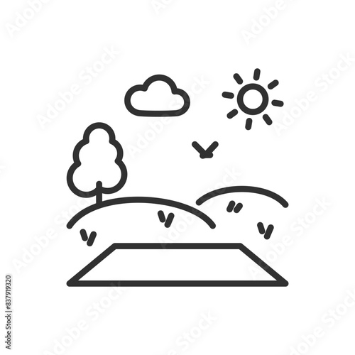 A mat on the grass in nature, linear icon. Picnic. Meditation. Line with editable stroke