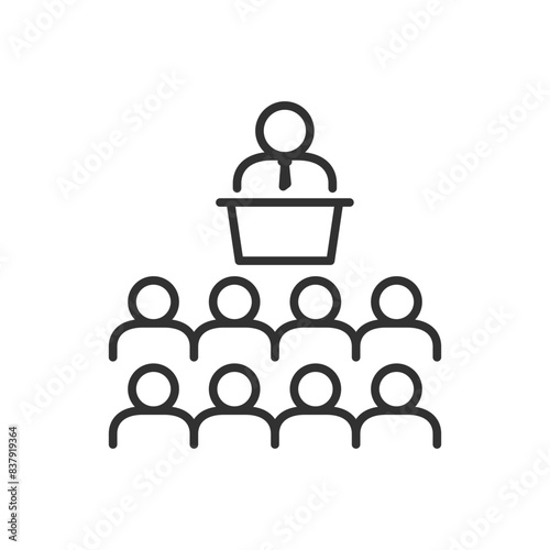 Public speaking, linear icon. A person at a podium speaking to an audience. Line with editable stroke