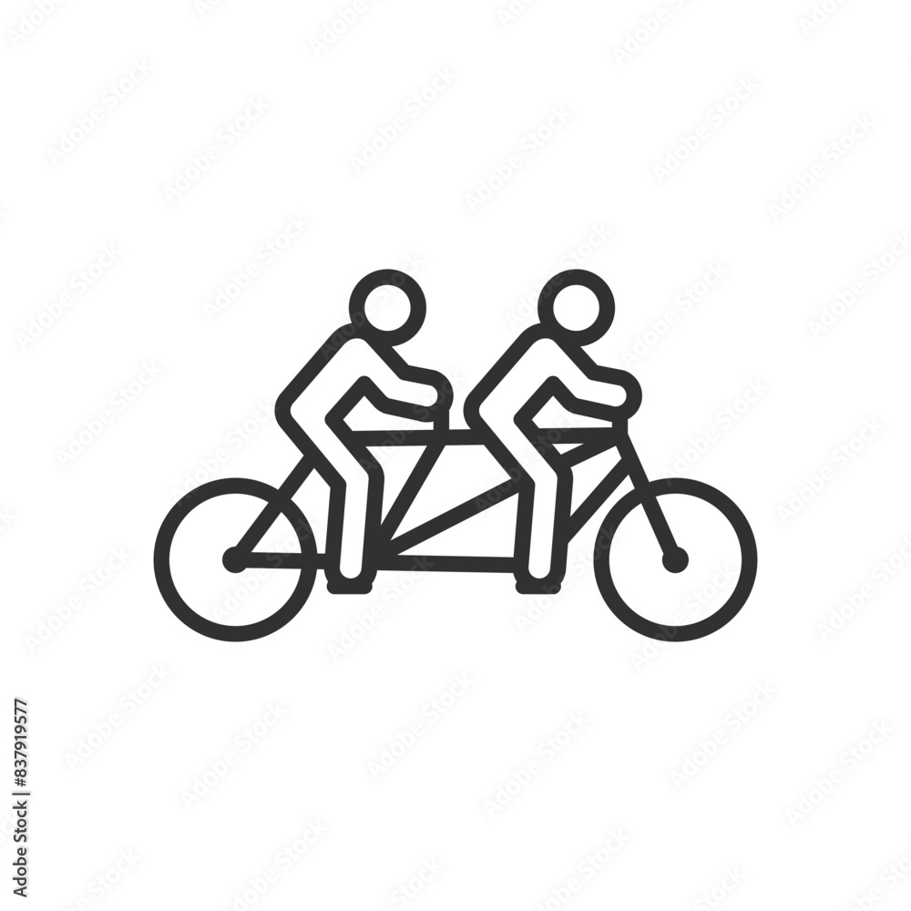 Two people on one two-seater bicycle, linear icon. Line with editable stroke Two people on one two-seater bicycle, linear icon. Line with editable stroke