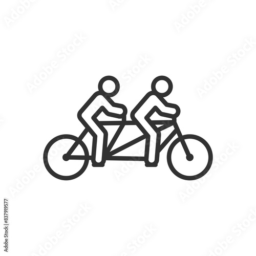 Two people on one two-seater bicycle, linear icon. Line with editable stroke