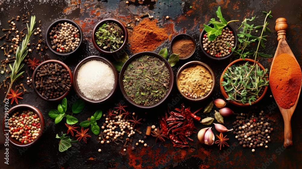 Selection of spices and herbs on dark rusty table. Selection of spices and herbs on dark rusty table.