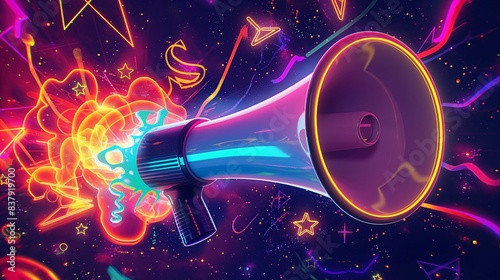 Megaphone with vibrant neon effects and abstract shapes on a cosmic background. © DenisNata