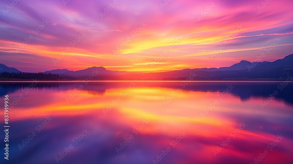 Fototapeta premium Sunset over tranquil lake with mountain silhouette, vibrant purple and pink sky.