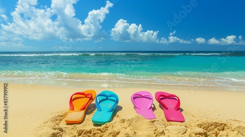 Colorful flip flops on a sandy beach with clear blue sky and sea.