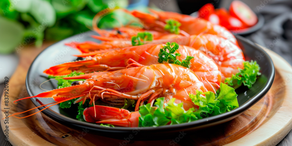 Close-up of cooked prawns served on fresh green salad leaves in a black plate. Perfect seafood dish presentation. Close-up of cooked prawns served on fresh green salad leaves in a black plate. Perfect seafood dish presentation.