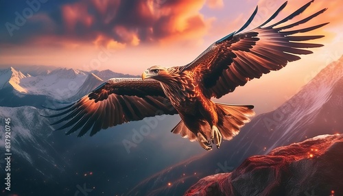 A majestic eagle soaring over a dramatic mountain landscape, illuminated by warm sunlight. The powerful wings and intense gaze of the eagle, combined with the stunning scenery.
