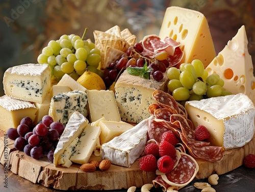 sumptuous cheese board with a variety of fine cheeses, fruits, and nuts, illustrating the hedonistic pleasure of gourmet food
