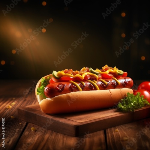 A hot dog with mustard and ketchup on a bun