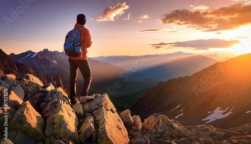 A lone hiker stands on a rocky summit, bathed in the golden light of a glorious mountain sunrise.  photo