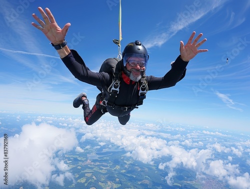  An exhilarating shot of a tandem skydive, with an instructor guiding a novice, highlighting the thrill and safety of experiencing the jump together. 