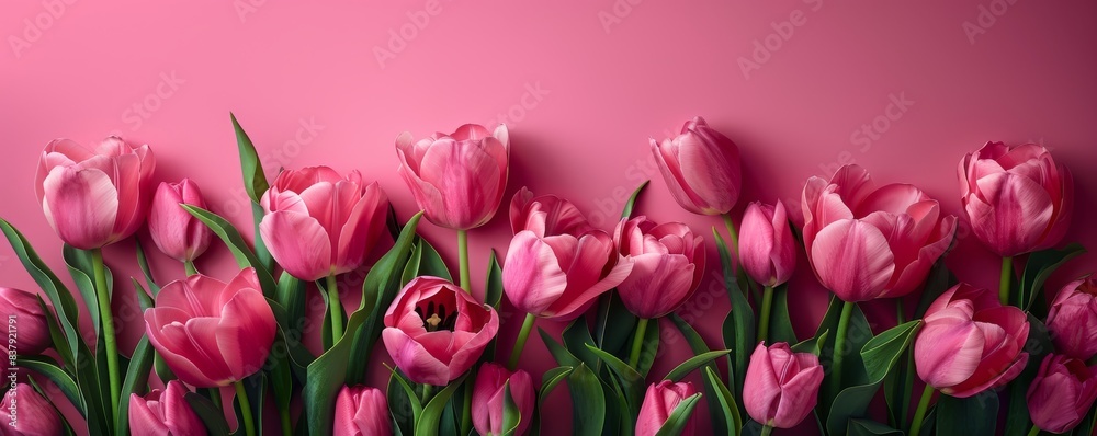 Obraz premium Elegant black frame with pink tulips on the left side against a pink background