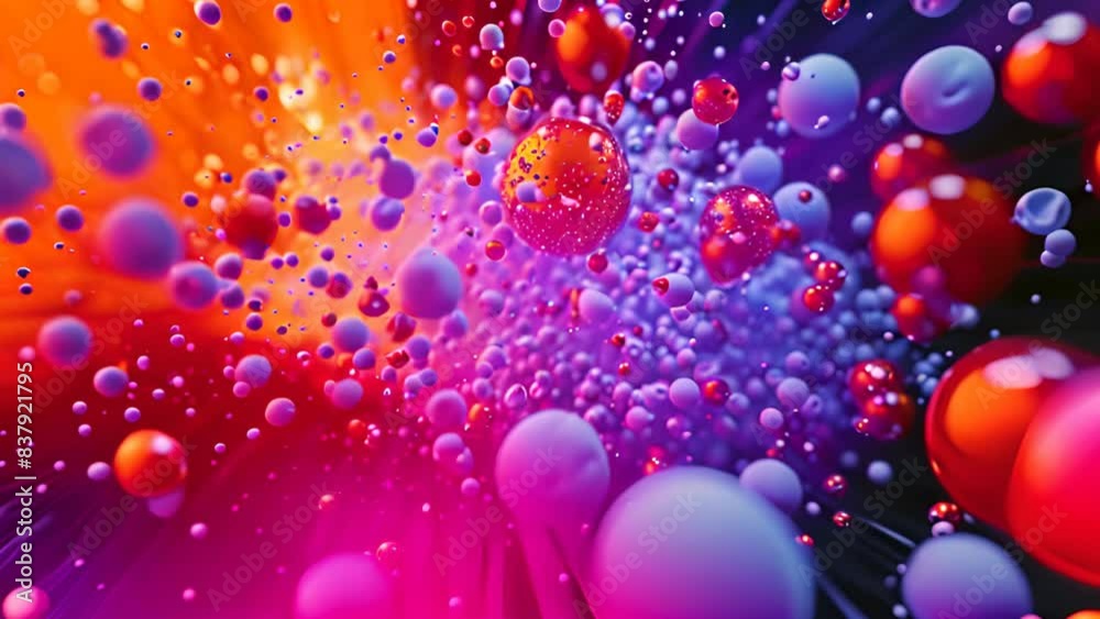 3D rendering of an abstract art animation video with 3D balls in the process of exploding based on small spheres or bubble particles in orange, red, purple and blue colors. 3D rendering of an abstract art animation video with 3D balls in the process of exploding based on small spheres or bubble particles in orange, red, purple and blue colors.