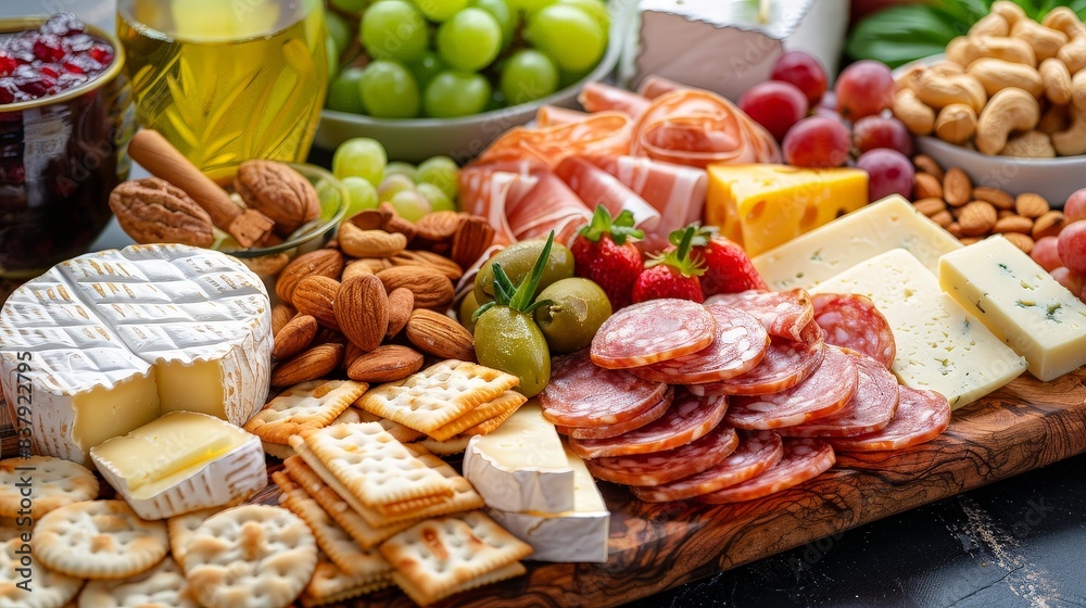 beautifully arranged charcuterie board with a variety of cheeses, fruits, nuts, and whole grain crackers beautifully arranged charcuterie board with a variety of cheeses, fruits, nuts, and whole grain crackers