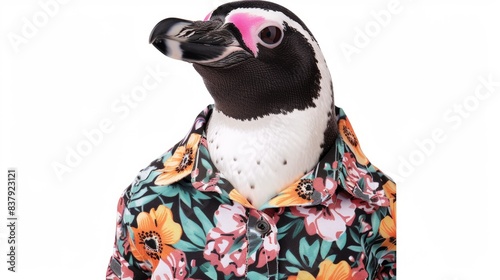 penguin wearing a floral shirt isolated on white background, animal concept for designer 