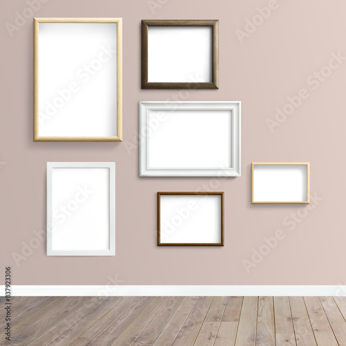 White and wooden picture frame mockups hanging on a beige wall