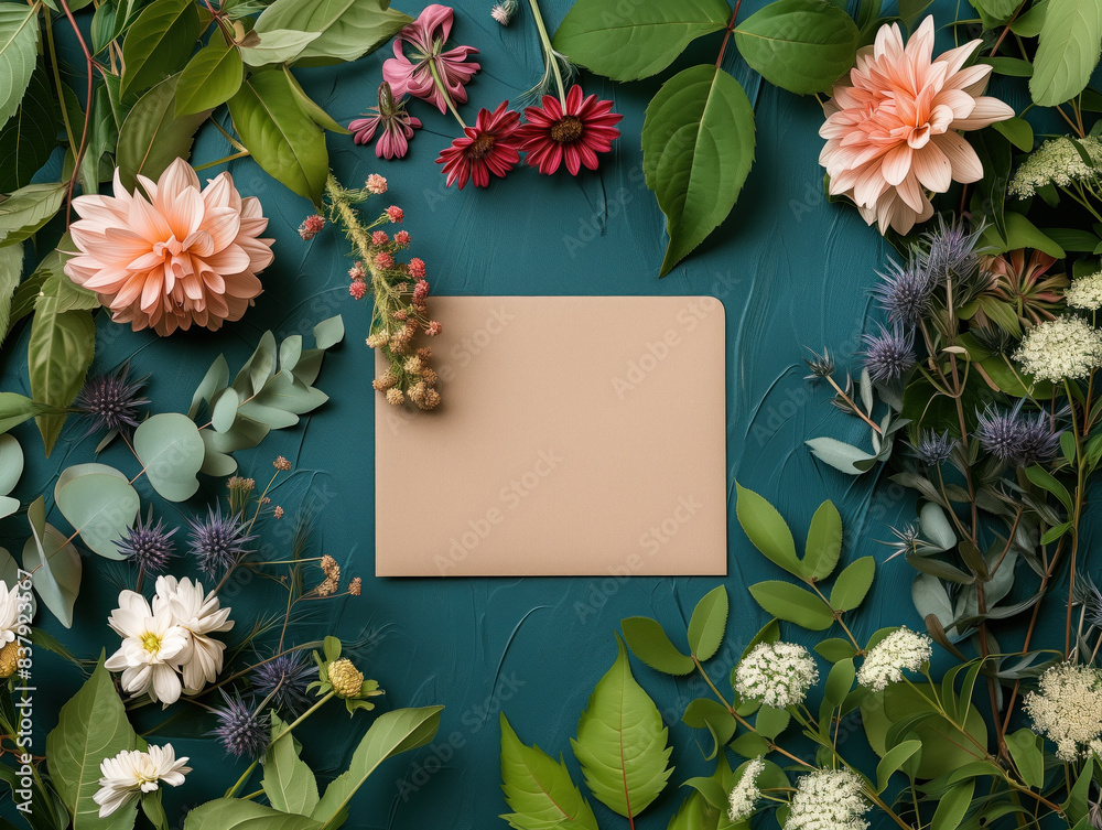 Captivating flat lay-style arrangement with flowers and leaves on a paper card note, showcasing a nature-inspired concept. Enchanting display. Captivating flat lay-style arrangement with flowers and leaves on a paper card note, showcasing a nature-inspired concept. Enchanting display.