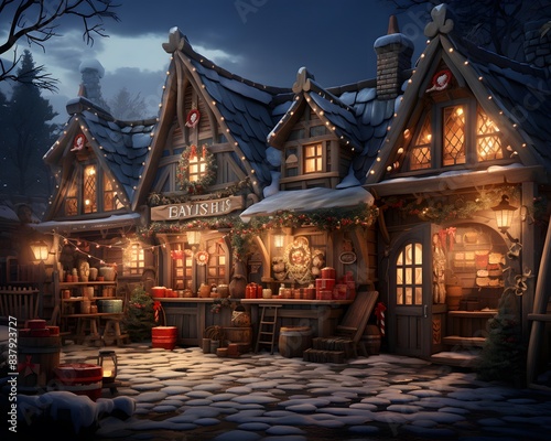 Christmas village in the snow at night, 3d illustration, horizontal © Iman
