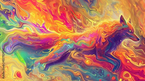 colorful digital painting of a fire wolf with fluid style