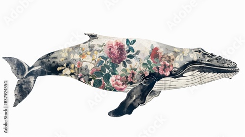 surreal whale floral patten skin isolated on white background photo