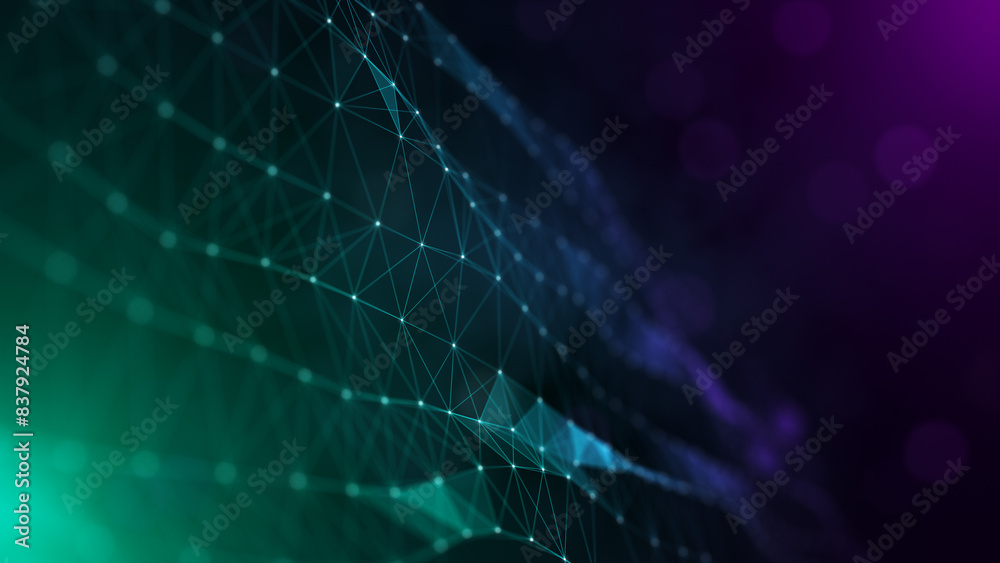 Abstract Bluish Green and Purple Light Flares with Perspective Plexus Turbulence Connected Lines, Dots, and Triangles Wireframe, Flying Blurry Hazy Glitter Bokeh Background Abstract Bluish Green and Purple Light Flares with Perspective Plexus Turbulence Connected Lines, Dots, and Triangles Wireframe, Flying Blurry Hazy Glitter Bokeh Background