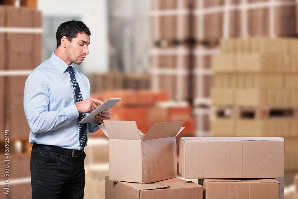 Businessman at work in warehouse with cardboard boxes. Businessman at work in warehouse with cardboard boxes.
