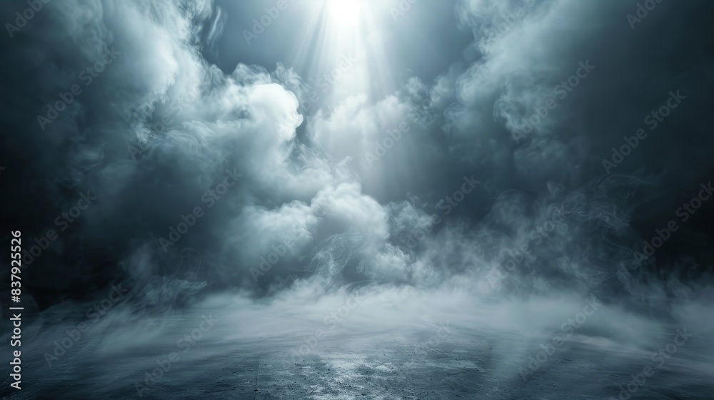 Enveloping fog and smoke clouds, with a single spotlight creating a dynamic mist texture on the floor Enveloping fog and smoke clouds, with a single spotlight creating a dynamic mist texture on the floor