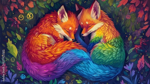 Illustration of two foxes curled up together in a vibrant, colorful forest, their fur blending with the rainbow foliage around them.