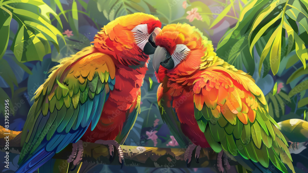 Illustration of two colorful parrots nuzzling each other on a branch, surrounded by lush tropical leaves and sunlight filtering through. Illustration of two colorful parrots nuzzling each other on a branch, surrounded by lush tropical leaves and sunlight filtering through.