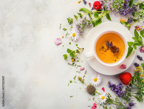 A stunning herbal tea cup adorned with herbs, flowers, and fruit, photographed from above, leaving ample room for text.