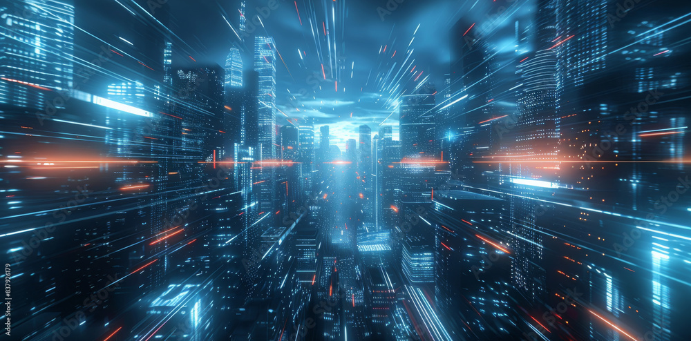 Fototapeta premium Futuristic cityscape with digital screen buildings displaying tech ads. Generative AI.