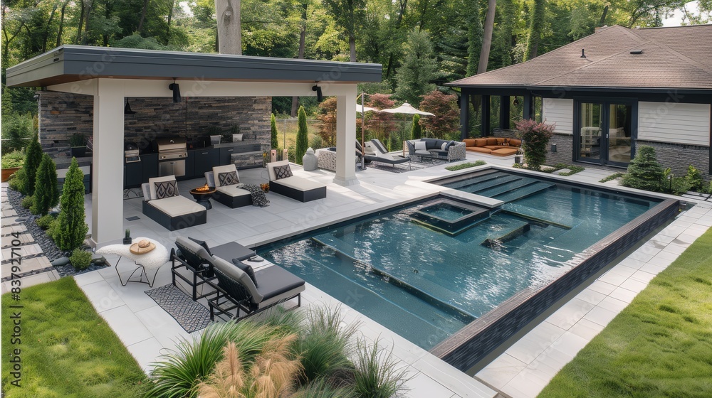 Fototapeta premium A stunning modern backyard with pristine landscaping, beautiful designed beds, modern grill, gazebo and modern fire pit, beautiful pool. Generative AI.