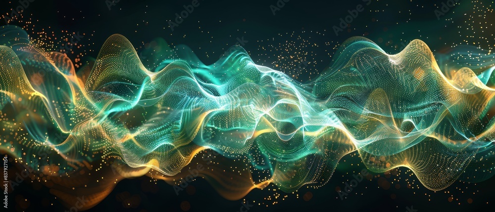 Dynamic sound wave patterns in green and blue, enhanced with gold digital accents, futuristic design Dynamic sound wave patterns in green and blue, enhanced with gold digital accents, futuristic design