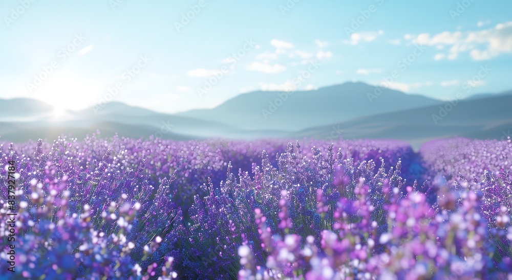 Naklejka premium Lavender field with a blurred background of a blue sky and distant mountains, a real photo, closeup of lavender flowers