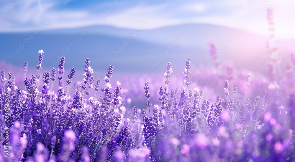Naklejka premium Lavender field with a blurred background of a blue sky and distant mountains, a real photo, closeup of lavender flowers