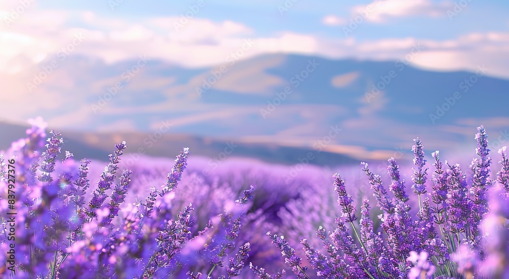 Fototapeta premium Lavender field with a blurred background of a blue sky and distant mountains, a real photo, closeup of lavender flowers