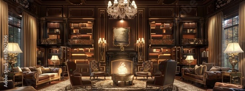 Elegant mansion library with plush chairs, a fireplace, and a grand chandelier generated by AI