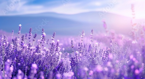 Lavender field with a blurred background of a blue sky and distant mountains  a real photo  closeup of lavender flowers