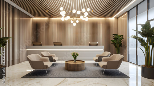 Stylish office waiting area with striped wall chandelier. 3D rendering.